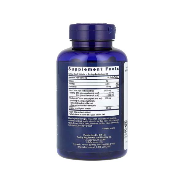 Super Omega-3 con Aceite de Pescado EPA/DHA, Lignanos de Sesamo y Extracto de Oliva (120 softgels), Life Extension