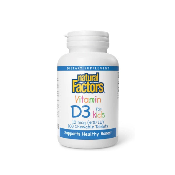 Vitamina D3 para Niños Sabor Fresa 10 mcg (400 IU) (100 tabs masticables), Natural Factors