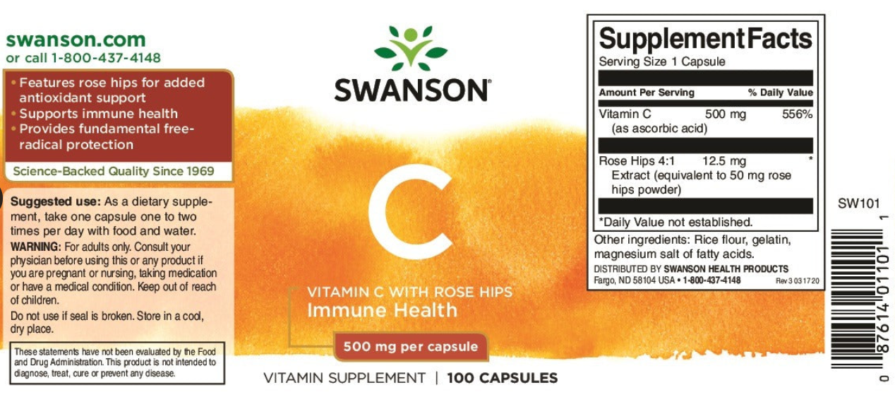 Vitamina C Con Rosa Mosqueta 500 mg (100 caps), Swanson