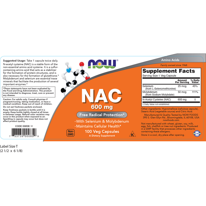 NAC N- Acetil Cisteína 600 mg (100 veg caps)