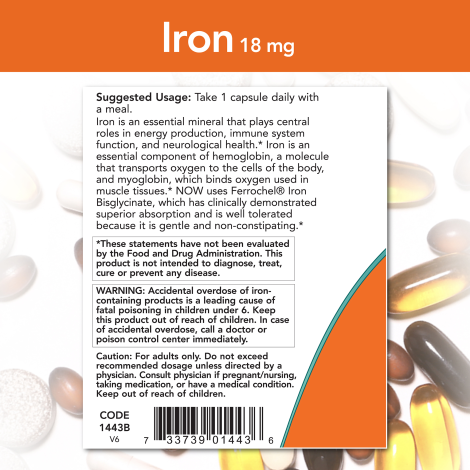 Iron 18 mg (120 VegCaps) / Iron 18 mg Bisglycinate. No constipation.