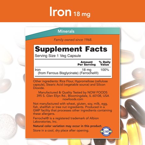 Iron 18 mg (120 VegCaps) / Iron 18 mg Bisglycinate. No constipation.