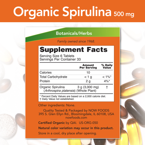 Espirulina 500 mg, Orgánica(200 tabs)