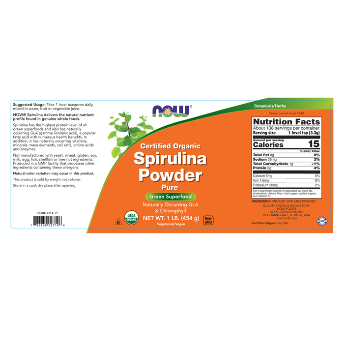 Espirulina, Polvo Orgánico 450 gm (1lb/450gr)